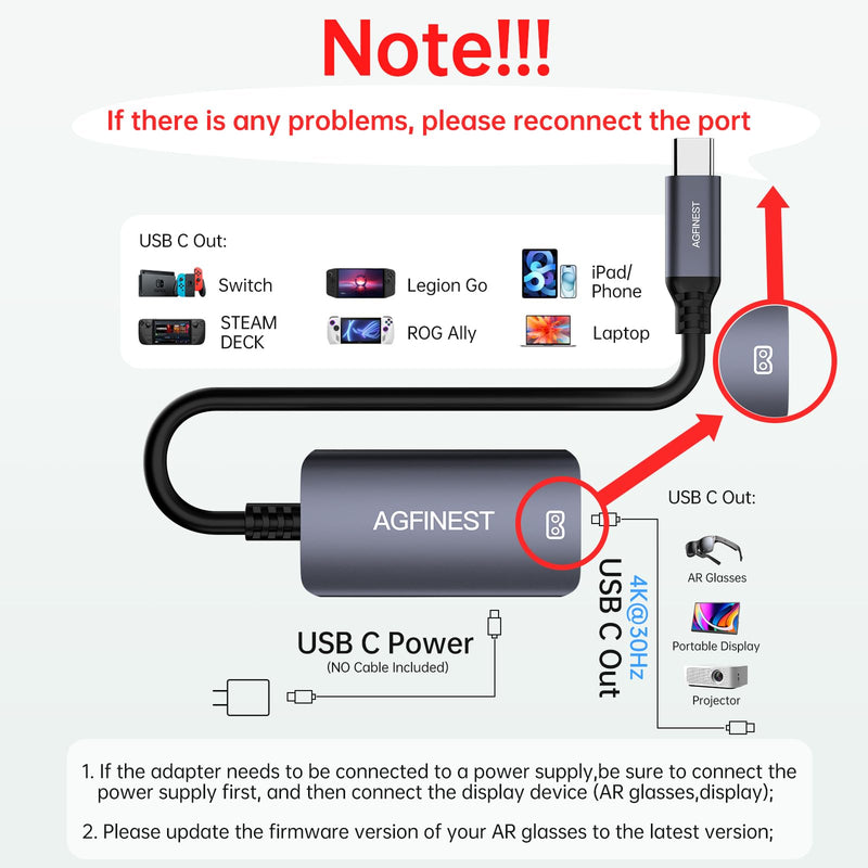 USB C to AR Glasses with Charging Adapter Enables Multi-Screen Enhanced 3D 4K@60Hz PD 100W Compatible for iPhone 15/16 Viture/Rokid/Xreal AR Glasses (USB2.0+ USB C) USB2.0+ USB C