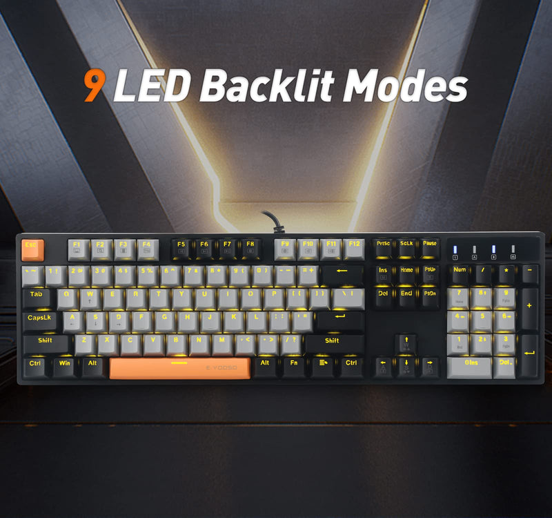 E-YOOSO Z-14 Mechanical Gaming Keyboard 104 Key, Red Switch Full-Size Computer Keyboards, Solid Yellow Backlit Mechanical Keyboard for PC Gamer, Black Grey red switch