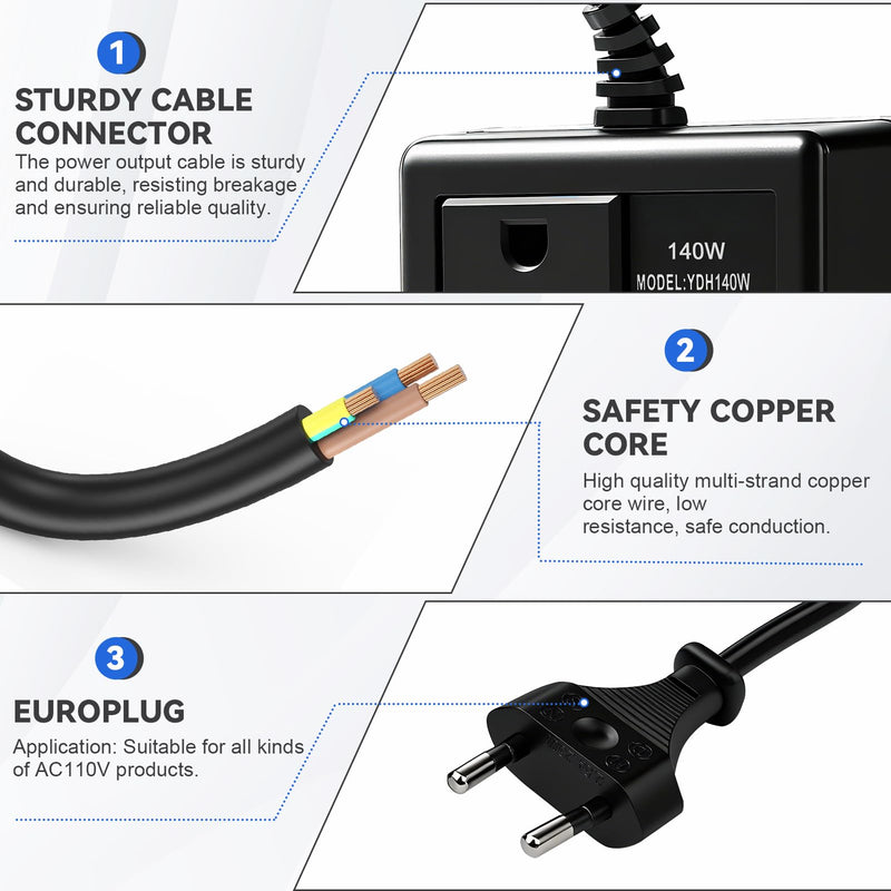 Voltage Converter Transformer 220 V to 110 V 140 W Power Adapter Down Power Converter Travel Power Adapter Transformer EU to US Voltage Converter EU Plug