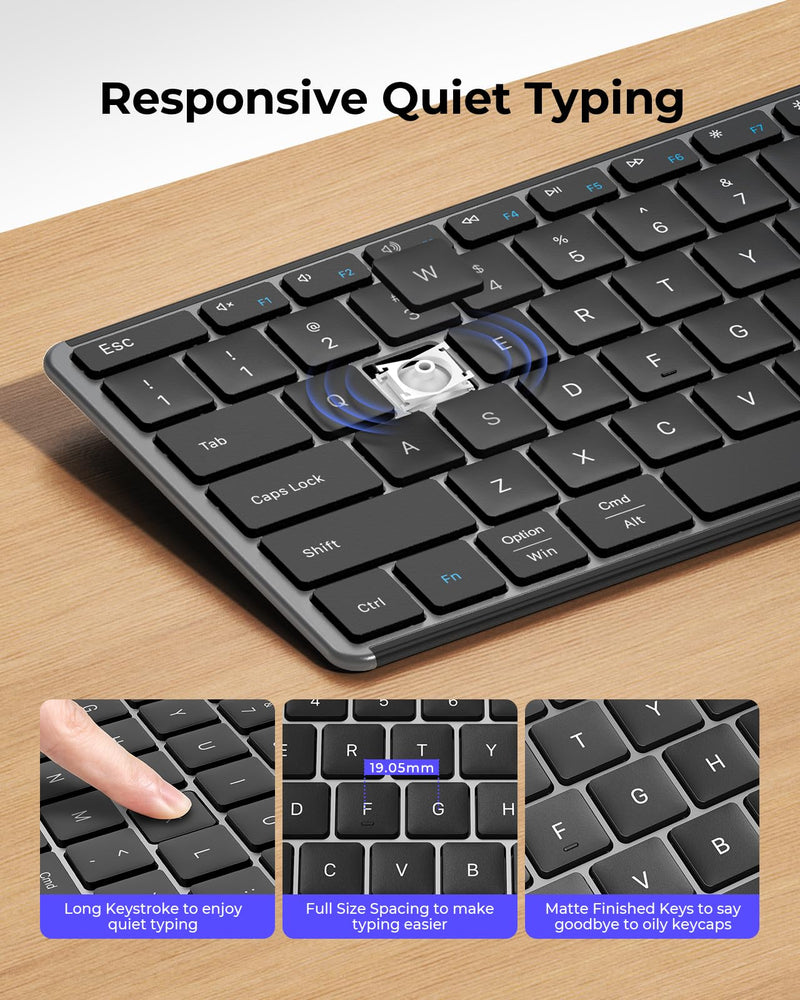 Wireless Bluetooth Keyboard and Mouse Combo (USB + Dual BT), seenda Multi-Device Rechargeable Slim Keyboard and Mouse, Compatible for Win 7/8/10, MacBook Pro/Air, iPad, Tablet - Black Gray