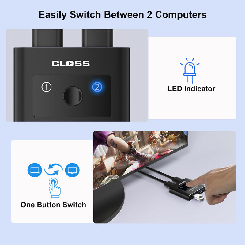 USB 3.0 Switch 2 in 2 Out, USB Switcher for 2 Computers, Share Keyboard, Mouse, Printer, Scanner, KVM Switch Selector, Compatible with Windows, Mac, Linux, Includes 2 USB-A 3.0 Cables 2 PC 2 USB 3.0