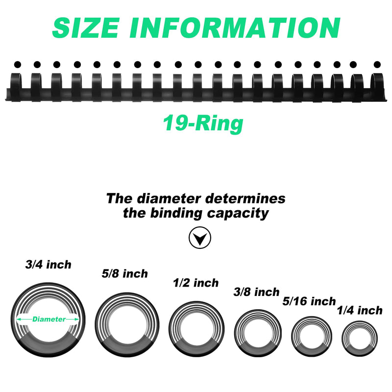 Yunsailing 150 Pack Plastic Binding Combs Plastic Binder Comb Ring 19 Ring Binding Spines Letter Size Spiral coils for Notebook Calendar(1/4 5/16 3/8 1/2 5/8 3/4 in,Black) Black 1/4 5/16 3/8 1/2 5/8 3/4 In