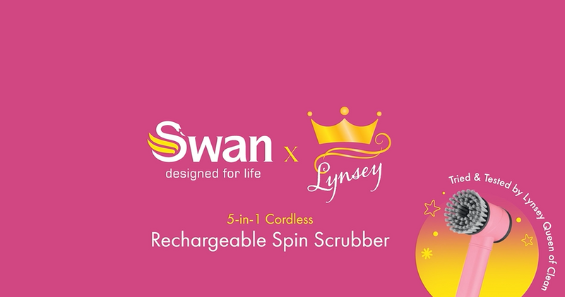 Swan x Lynsey TV's Queen of Clean 5-in-1 Cordless Spin Scrubber with 5 Cleaning Heads & Wall Holder, Rechargeable Scrubbing Brush, IPX5 Waterproof for Showers, Hobs & Tiles, Pink, SWFC1003QOCN