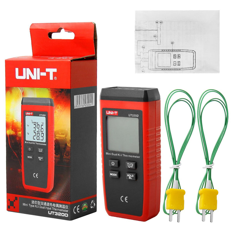 UT320D Dual Channel K/J Digital Thermometer, Thermocouple Temperature Meter Temperature Meter with 2 K-Type Measuring Probe for Industry, Agriculture, Meteorology and Life 02-UT320D