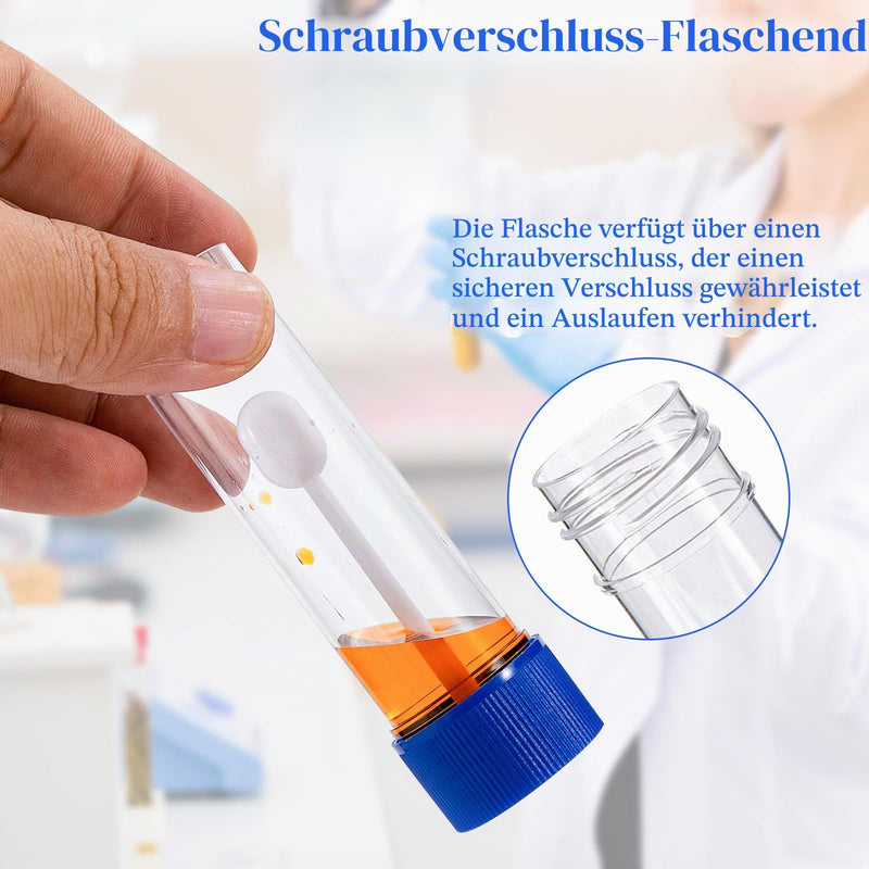 10 Chair Sample Containers with Spoon and Screw Lid 25ml to 30ml | Leak proof plastic containers, blue lids, for stool samples in doctor's office and laboratory, also for dog and cat