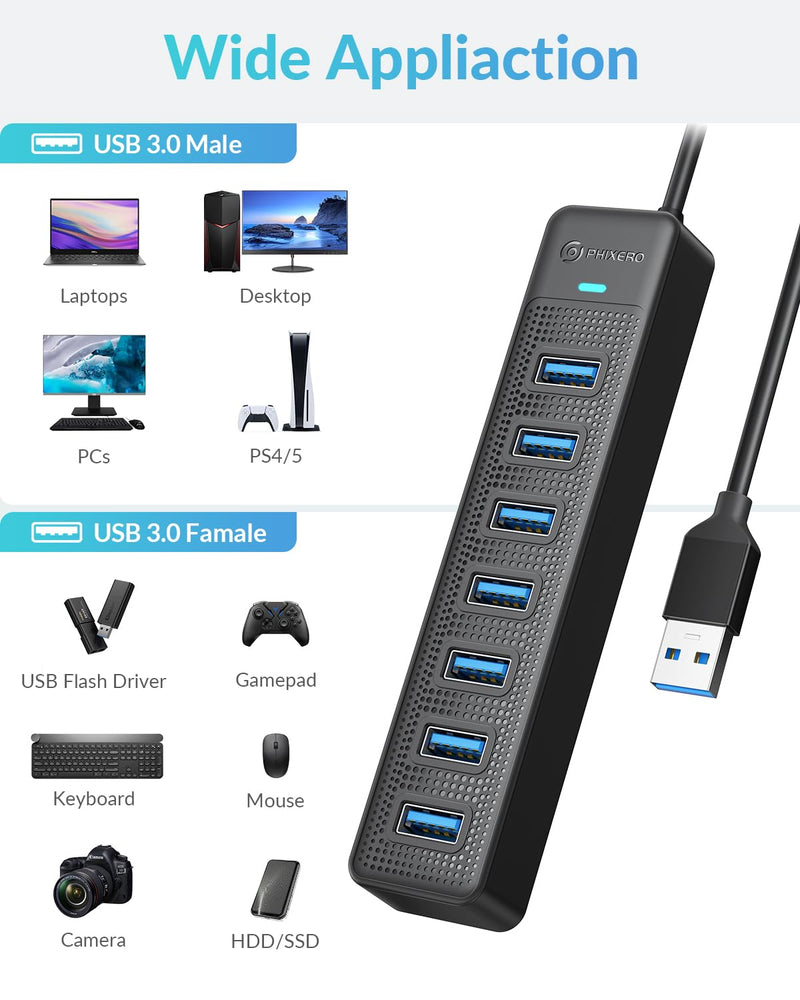PHIXERO 7 Port USB Hub, 3.3FT/1M Long Cable USB 3.0 Hub Multi USB Port Hub Adapter Extension USB Splitter USB Hub for PC, Compatible with All USB 3.0/2.0/1.1 Device 1m Cable