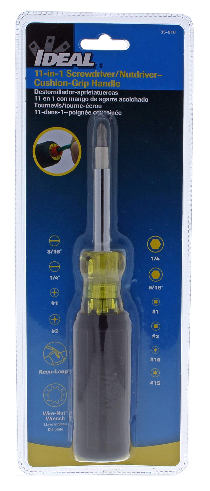 IDEAL INDUSTRIES INC. 35-910 11-in-1 Screwdriver/ Nutdriver – Hardware Tool with Corrosion Resistant Shank, Wire Connector Wrench in Handle, Blazed Tip