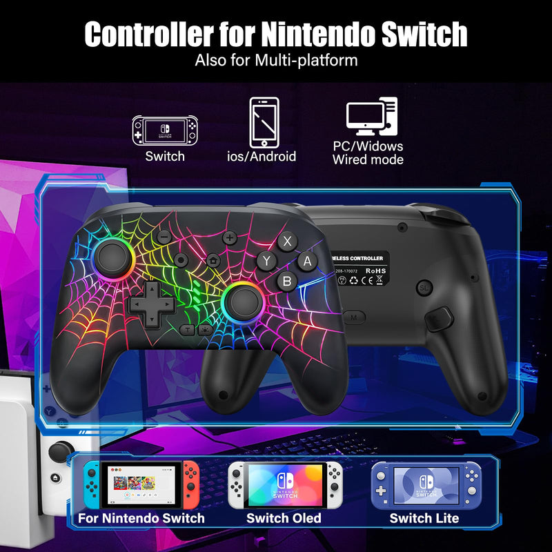 RJAD Switch Controllers for Nitendo Switch/OLED/Lite, Wireless Switch Pro Controller with 10 Colors Light, 1000mAh Rechargeable Switch Turbo Control with Vibration, 6-Axis Gyro, Turbo, Wake Up