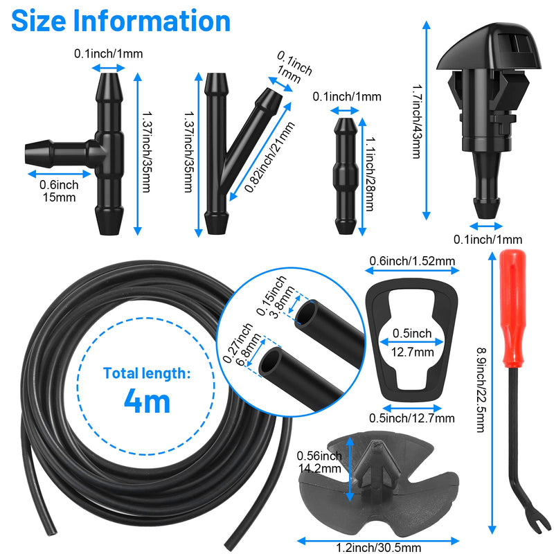 52 In 1 Windshield Washer Nozzles Kit, Replacement for Chrysler, Dodge, Jeep, Ram, Windshield Washer Nozzle Hose Kit with 4 Sprayer Nozzles, 157 Inch Fluid Hose, 12 Hose Connectors, 30 Hood Retainers