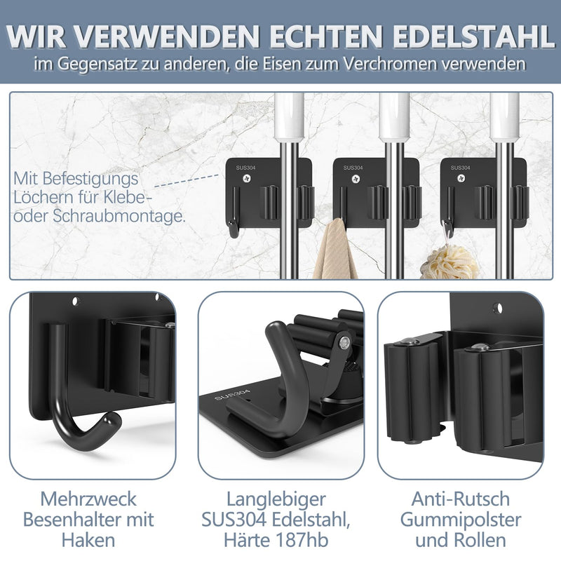 3-H Broom Holder Wall Self-Adhesive, Pack of 6 Tool Holder, Broom Holder, No Drilling, Stainless Steel Broom Wall Mount with Hooks, Garden Tool Holder, Tool Holder for Kitchen, Bathroom, Garden, Black | Besenhalter ohne Bohren,Edelstahl Besen Wandhalte...
