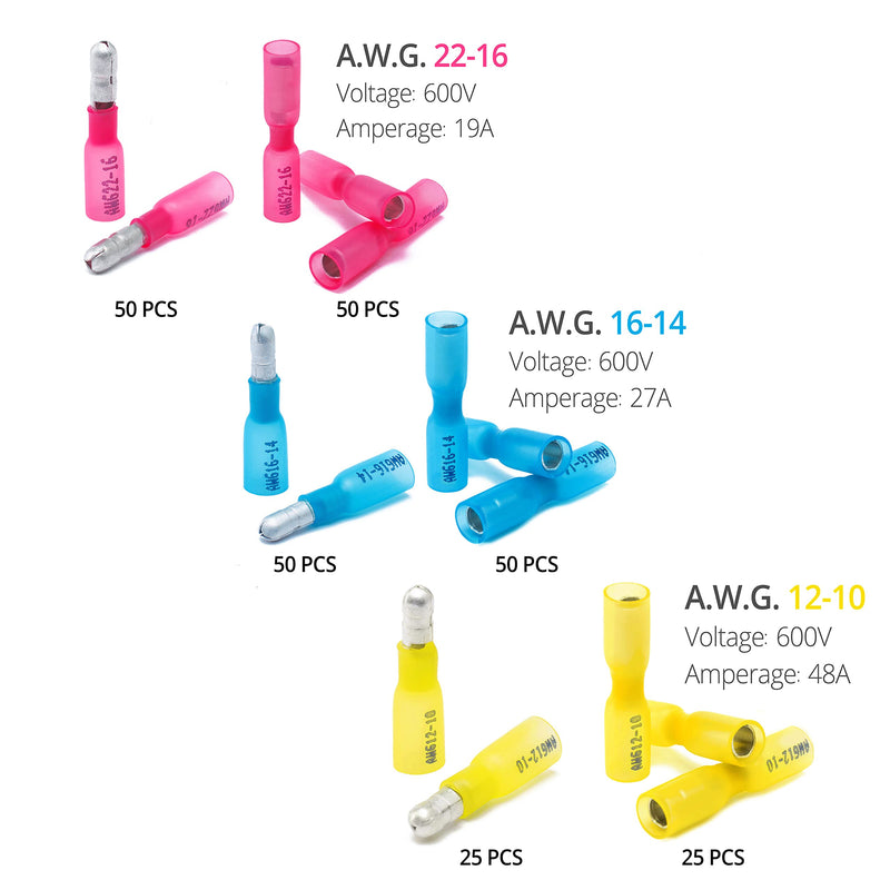 Wirefy Heat Shrink Male & Female Wire Connector - Electrical Bullet Terminal - 22-10 AWG 250pcs