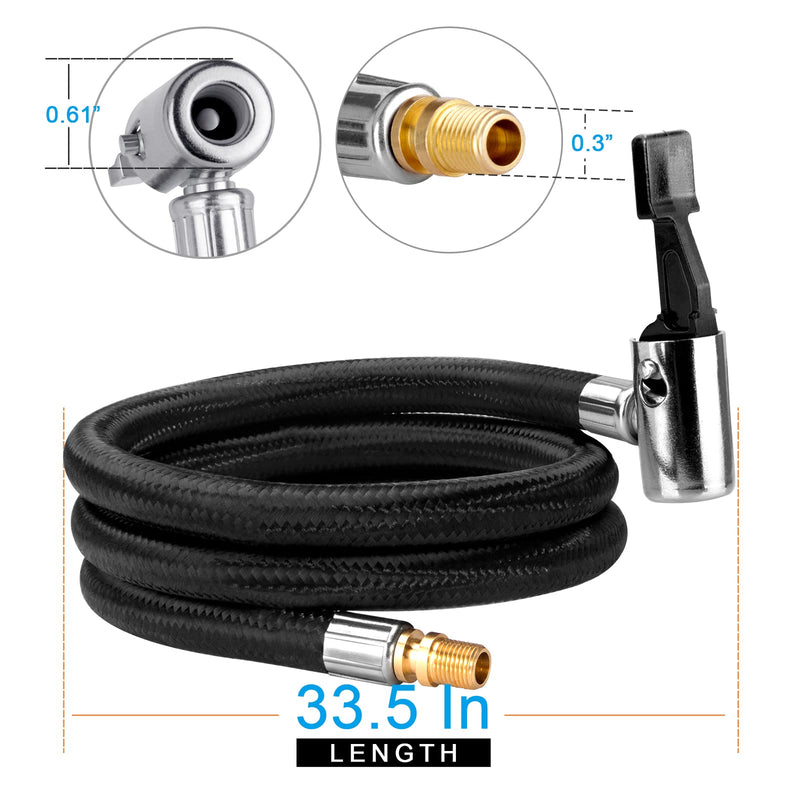 31" Upgraded Lengthened Tire Inflator Hose Adapter &Converting Nuts, Lock On Air Chuck with Hose and Tire Schrader Valve Fine Thread, for tire pump's Twist On Convert to Lock On Connection Braided Hose Set