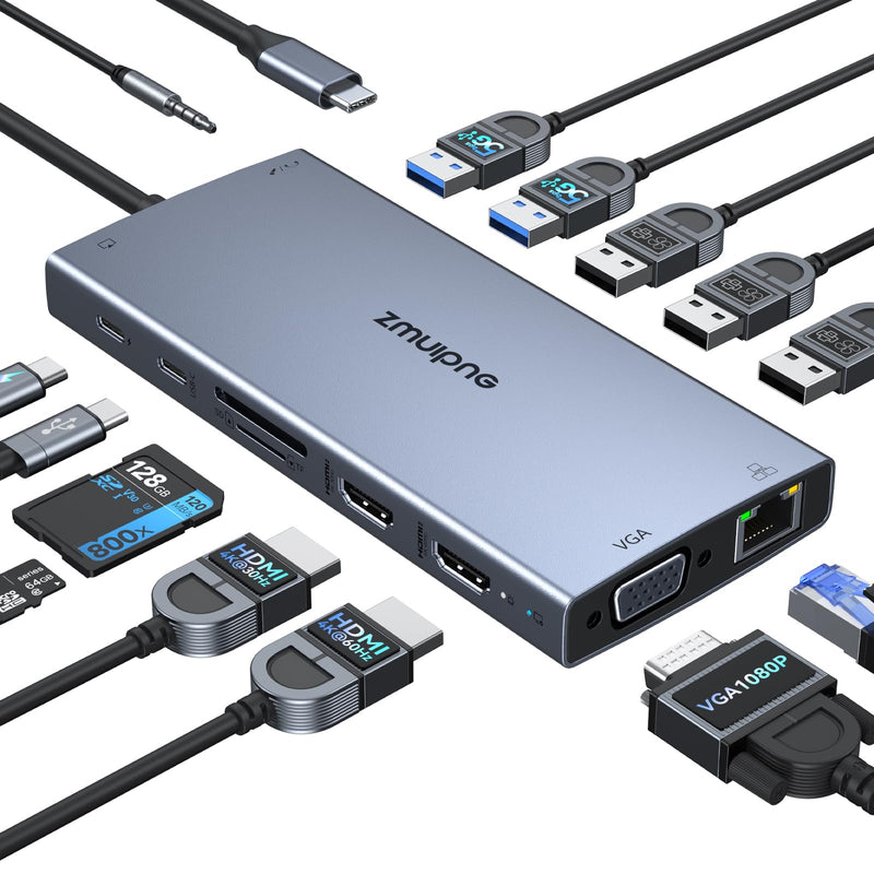 ZMUIPNG USB C Docking Station Dual Monitor 15 in 1 Laptop Docking Station Triple Display USB C Hub Multiple Adapter Dongle with 4K HDMI+VGA+USB Port+Button+PD+Ethernet for Dell HP Thinkpad Surface Grey 15 IN 1 Docking Station