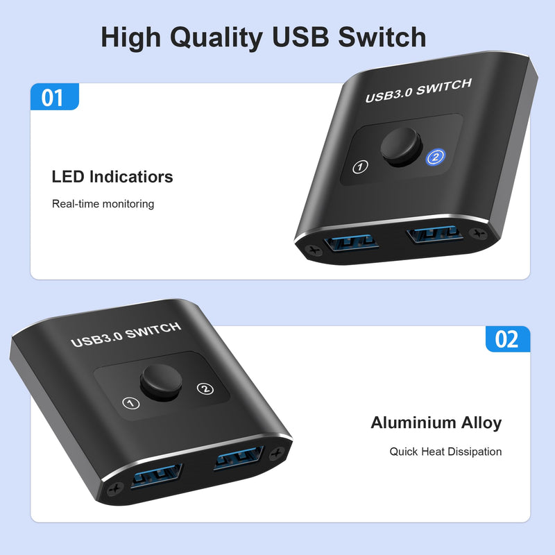 USB Switch, USB 3.0 Switch, Bi-Directional USB Switcher 2 in 1 Out/1 in 2 Out, Aluminum USB Switch 2 Computers Share 1 Device for Printer, Mouse, Keyboard, USB Sharing Switch with 2 USB 3.0 Cables