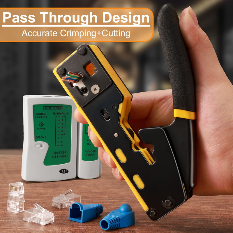 RJ45 Crimp Tool, Ethernet Crimping Tool Kit, Cat5 Cat5e Cat6 Crimping Tool Kit with RJ45 Pass Through Connectors 6088 Kit