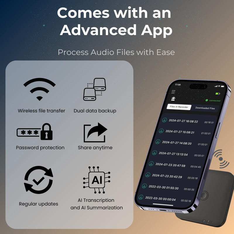 Voice Recorder with AI Speech-to-Text Transcription, Summarization, App Control, 64GB Storage, and a Magnetic Design, Audio Recorder for Calls, Lectures, and Meetings by FoCase Rec