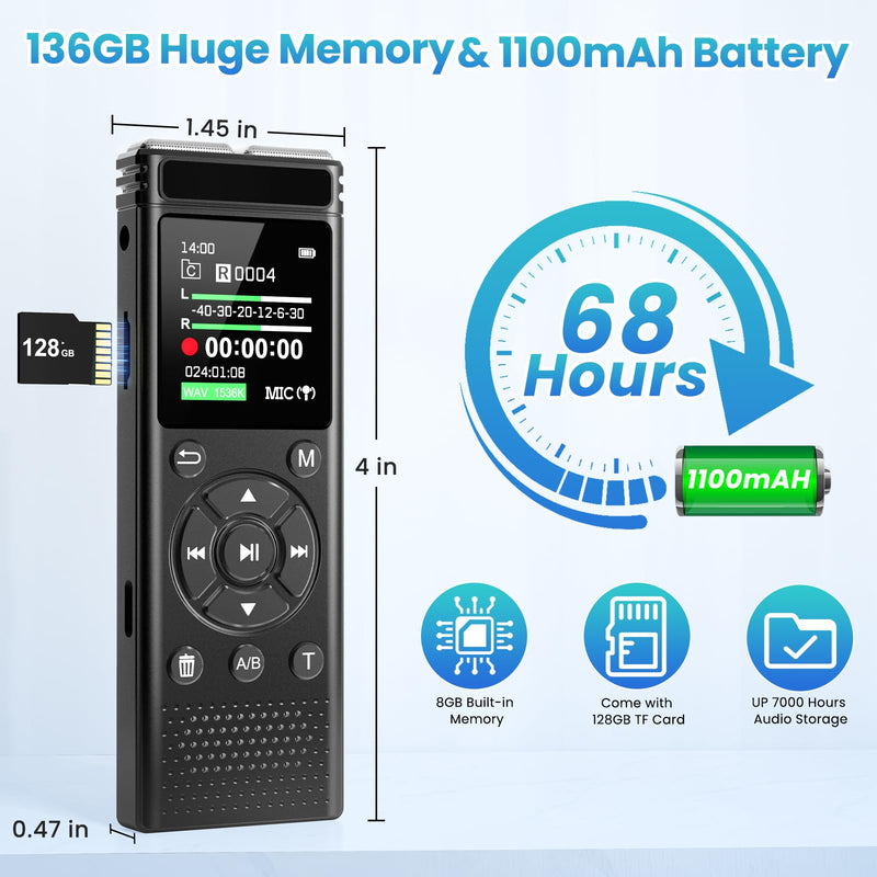136GB Digital Voice Recorder with Playback,9000 Hours Audio Recording Device,Voice Activated Recorder with Noise Reduction,A-B Repeat,Mp3 Player and Password for Lectures Meeting/Classes/Interviews 136GB