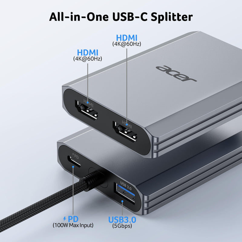 Acer USB C to Dual HDMI Adapter 4K@60Hz, 4-in-1 USB C Hub Multiport Adapter with 100W PD, USB 3.0, Docking Station Dual Monitor, Compatible with Acer, MacBook Air/Pro, Dell XPS, HP, etc