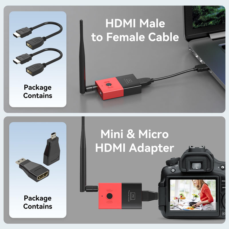 Wireless HDMI Transmitter and Receiver Plug & Play 2.4G+5.8G Wireless HDMI Extender 328FT/100M Support 4K Decode 1080P@60Hz for PC Laptop Camera Cable Box to TVs Monitors Projectors