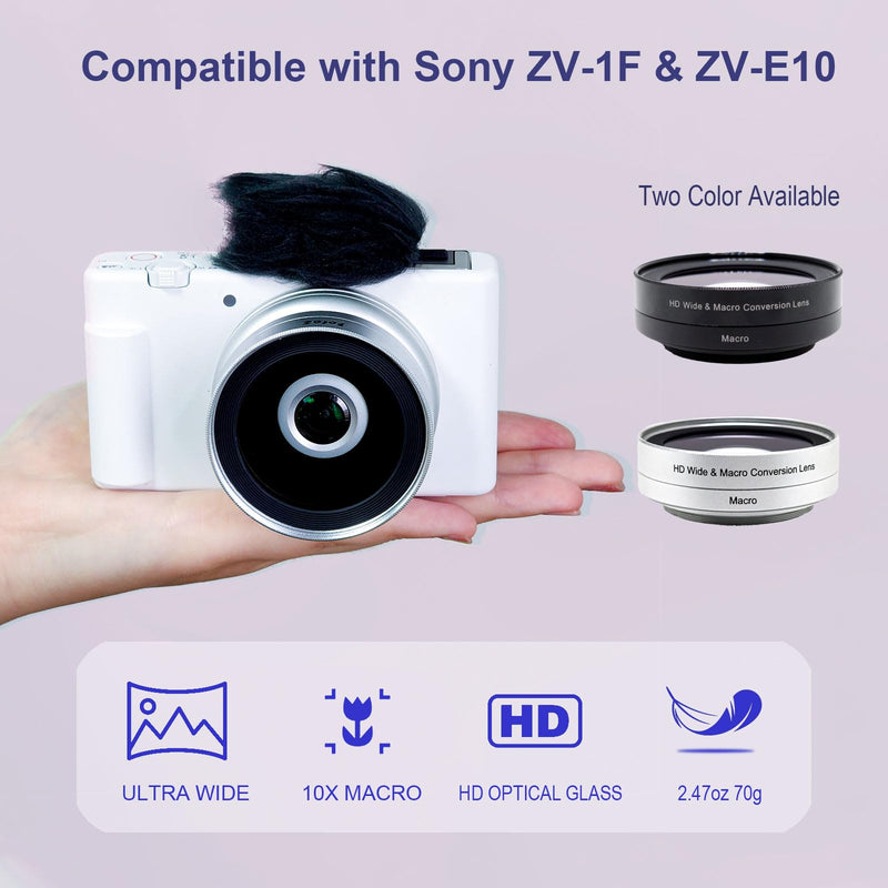 40.5mm 0.75x Wide Angle Conversion Lens(w/Macro), Mini HD Wide & Macro Lens, for Sony ZV-1F ZV-E10 A6100 A6400 A6600 A6700 Accessories, Compatible with kit Lens 16-50mm(SELP1650) (Silvery) Silvery