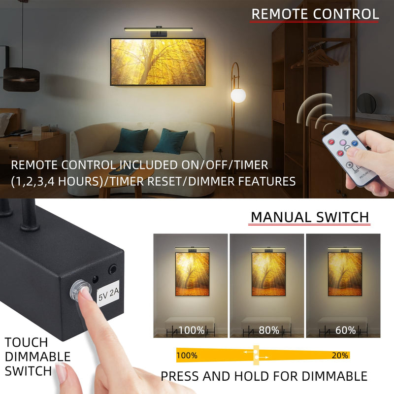 FUNCHDAY Picture Light,Battery Art Lights for Wall,Wireless Remote Painting Light with Timer and Dimmable,13”Metal Display Lighting for Artwork,Portrait,Gallery-Black Black 13"