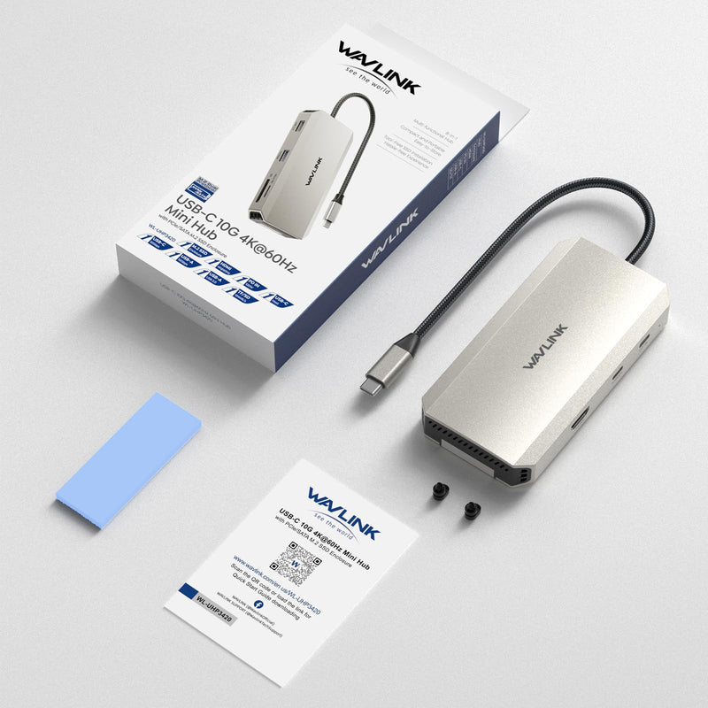 WAVLINK 8 in 1 USB C Hub with M.2 NVMe/SATA SSD Enclosure 10Gbps, 4K HDMI, USB-C/A 10Gb, 100W PD, Aluminum Alloy USB C SSD Enclosure for M.2 NVMe SATA SSD forM1/M2/M3/M4 macOS Systems