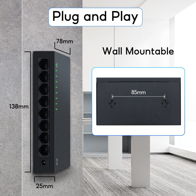 SODOLA 8 Port Gigabit Ethernet Switch|Desktop/Wall-Mount|Plug & Play| Fanless |Metal Housing|Fanless Design|Desktop Ethernet Splitter|Quiet Unmanaged Network Switch 8 Ports*Gigabit