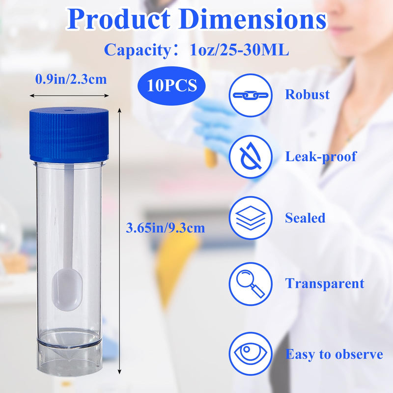 10 Chair Sample Containers with Spoon and Screw Lid 25ml to 30ml | Leak proof plastic containers, blue lids, for stool samples in doctor's office and laboratory, also for dog and cat