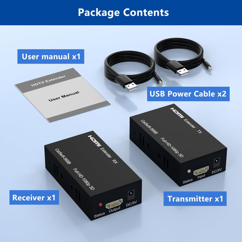 HDMI Extender Over Cat5e/Cat6/Cat7, 60m (196ft) 1080p Full HD Repeater Balun Kit, HDMI Over Ethernet Supports 3D, HDCP, EDID, Plug & Play, Transmitter Receiver for TV, Projector, Gaming, Home Theater 60M 1080P