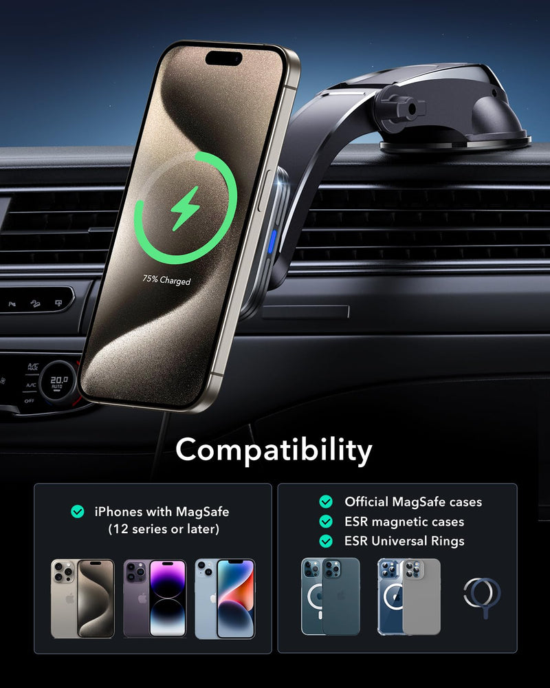 ESR for Qi2 15W MagSafe Car Mount Charger, Qi2-Certified MagSafe Car Charger, Dashboard Magnetic Wireless Car Charger Mount, for iPhone 15/14/13/12 Series, Fast Charging, Car Accessories, Black