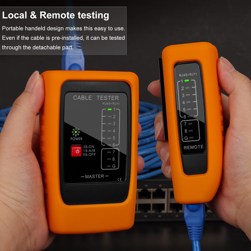 Network Cable Tester with PoE Detection, RJ45/RJ11 Ethernet & Telephone Cable Tester with Silicone Protective Case & Auto Power-Off Tester Set Upgrade-RJ45 / RJ11