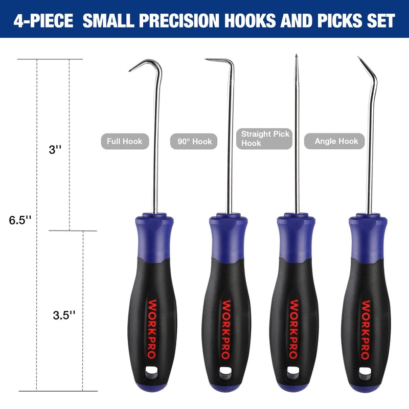 WORKPRO 4-Piece Precision Pick and Hook Set with Pouch, Angled Pick, Straight Pick, 90-degree Pick, Full Hook, Mini Pick Set Mechanic, Remove Small Fuses, Wire Plugs and "O" Rings, Gunsmith Tools