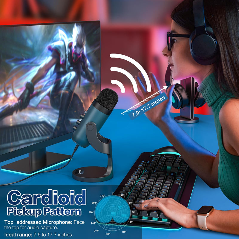 ZealSound USB Microphone,Quick Mute Noise Cancel for Phone Computer PC PS5,Gaming Microphone with Gain Control,Echo Monitor Volume Adjust for Streaming Vocal Recording ASMR Podcast Video (Teal) Teal