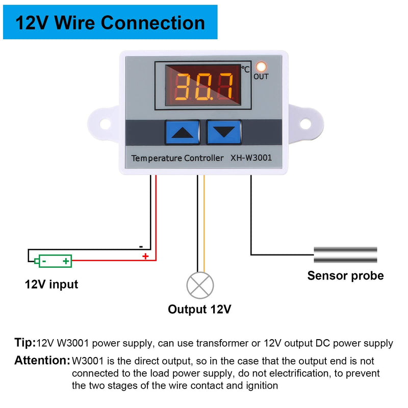XH-W3001 Digital LED Temperature Controller Module Digital Thermostat Switch with Waterproof Probe Programmable Heating Cooling Electronic Thermostat Range from -50℃ to 110℃ (12V 10A 120W) (4 Pieces) 4