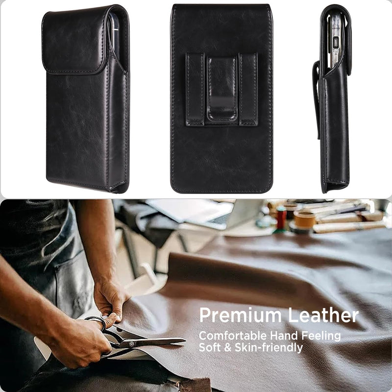 Miimall Leather Cell Phone Holster with Belt Clip, Phone Pouch for iPhone 15 Pro Max 15 Plus 14 Pro Max 13 Pro Max 12 Pro Max 11 Pro Max XS Max, Galaxy S24 Plus S23 Plus S22 Plus S21 Plus, Black-Large Large