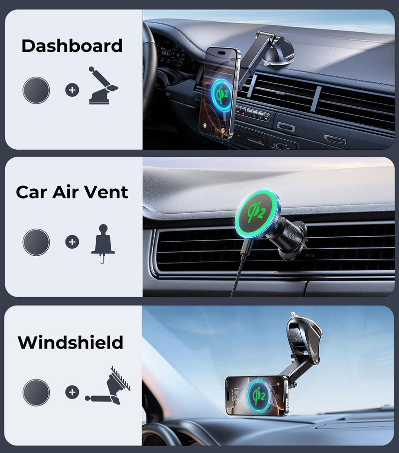 【Qi2 Certified・90LBS Vacuum Magnetic Suction】 15W Fast Wireless Car Charger Mount for Magsafe, 360° Adjustable Arm, Dashboard/Windshield/Vent Phone Holder+Cable Organaizer for iPhone 17/16/15 Pro Max C-DashVentWindshield+Qi2Charger