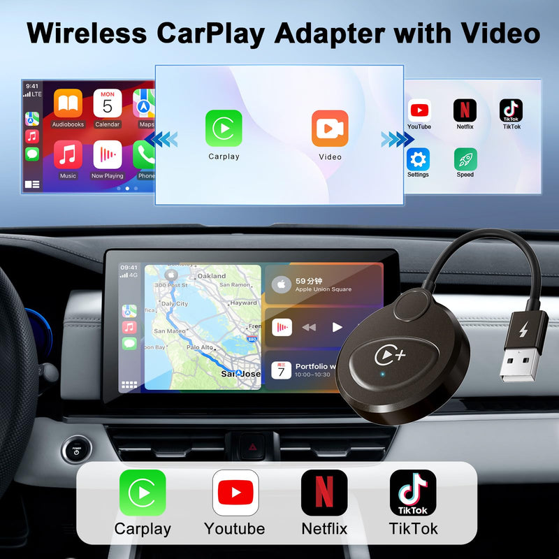 Wireless Carplay Adapter Built in YouTube Netflix,Carplay Wireless for Wired CarPlay to Wireless Support YouTube Netflix Tiktok Video Play,Easy Plug and Play_Black Black
