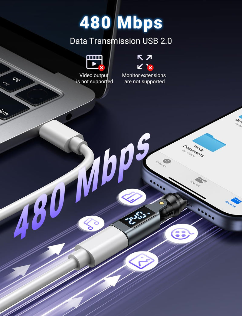 USB C Magnetic Adapter PD 240W(2Pack), 9PIN USB C 90 Degree Adapter with LED Digital Display/360 &180 Degree Power Meter Tester for 1Phone 17/16/15, Ma-Book Pro/1Pad Series, Samsung, Tablet, Laptop Gray USB Type C