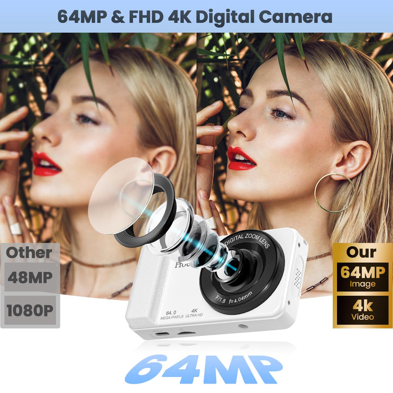 64MP 4K Digital Camera, Hoestr 18X Zoom Autofocus Point and Shoot Compact Camera with 64GB TF Card, Flash, 2.8" LCD Screen for Teens Adult Beginner Travel Photography Vlogging（White） White