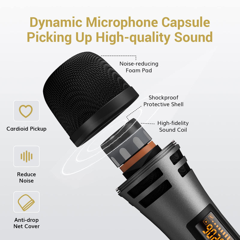 TONOR Wireless Microphones, UHF Dual Karaoke Microphone System, Microfonos Inalambricos with Rechargeable Receiver, Cordless Dynamic Mic Micro Set for Singing, Wedding, DJ, Party, Speech TW320 Grey Dual Mic Grey