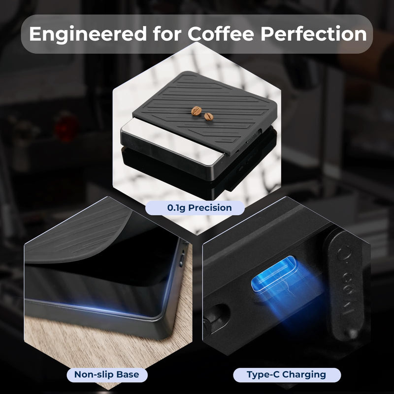 IKAPE Professional Coffee Scale with Timer, 2kg/0.1g High Precision Digital Scale, 4 Modes (Espresso/Pour Over Brew Ratio), LED Display, Auto-Tare, for Kitchen, Cooking, Espresso, Pour Over Coffee Black