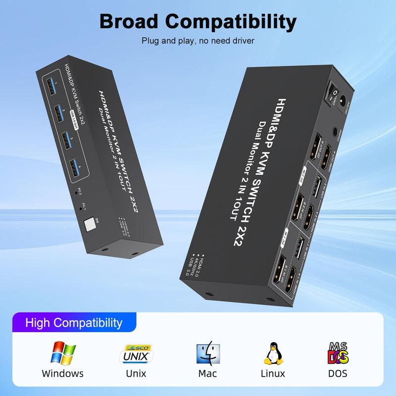 4K HDMI Displayport KVM Switch 2 Monitors 2 Computers Dual Monitor, 4K@60Hz KVM Switcher 2PC Extended Display for 2 Port Share 4 USB 3.0 Hub Keyboard Mouse Desktop Controller and 2 USB Cables Included 4K- 2x2 HDMI+DP