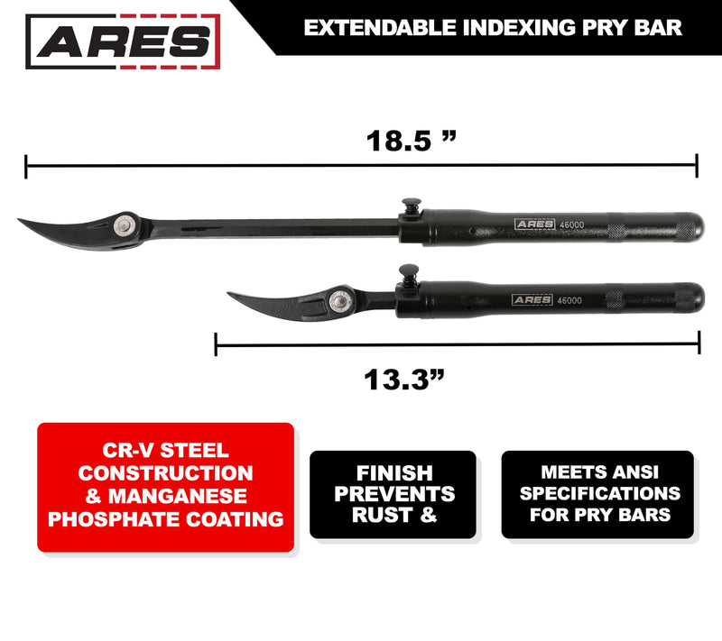 ARES 46000-13.3-Inch to 18.5-Inch Pry Bar - Indexable Bar, Extendable Reach - 14-Position Adjustable Angle Head - Chrome Vanadium Steel 13.3-Inch to 18-Inch Indexable