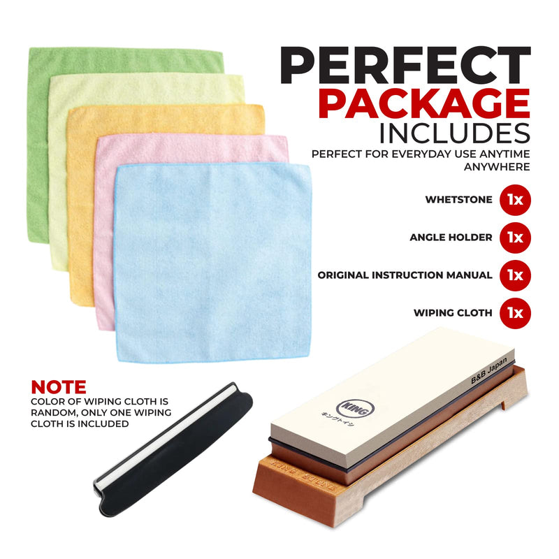 KING Whetstone Starter Set Include 1000/6000 Grit Combination Whetstone made in Japan, Knife Angle Holder, B&B Japan Original Wiping Cloth and Stable Plastic Base