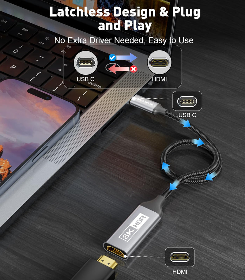 USB-C to HDMI 2.1 Adapter | 8K@60Hz,4K@144Hz,2K@165Hz High-Speed USB Type C 3.1 to HDMI 8K Converter [Thunderbolt 3/4 Compatible] for MacBook Pro/Air,iPad, Other USBC Laptops