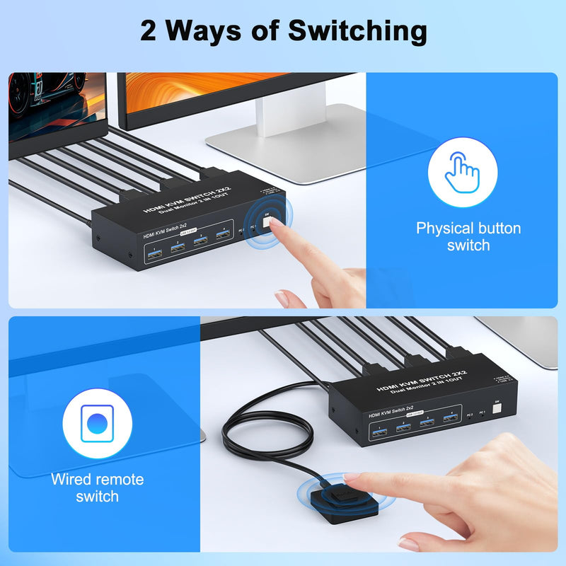 4K HDMI Displayport KVM Switch 2 Monitors 2 Computers Dual Monitor, 4K@60Hz KVM Switcher 2PC Extended Display for 2 Port Share 4 USB 3.0 Hub Keyboard Mouse Desktop Controller and 2 USB Cables Included 4K- 2x2 HDMI+DP