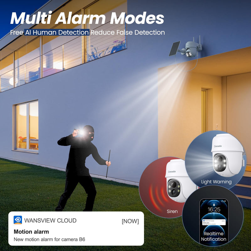 Cinnado Security Cameras Wireless Outdoor-2K Cameras for Home Security Outside Solar/Battery Powered 2.4G WiFi, 360° Color Night Vision,2 Way Audio, PIR Human Detection,Compatible with Alexa