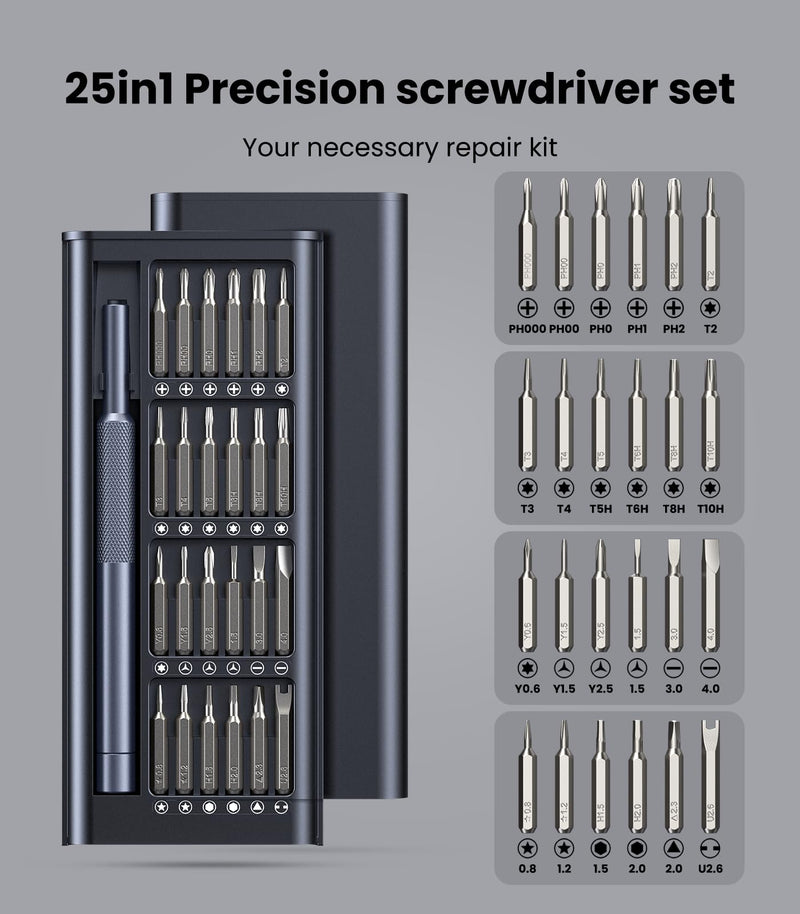 AXTH 25-in-1 Small Precision Screwdriver Set, Professional Magnetic Mini Repair Tool Kit for Phone, Computer, Watch, Laptop, Macbook, Ring Doorbell, Eyeglass, Electronic, [Bearing Steel] Screw Driver 25in1