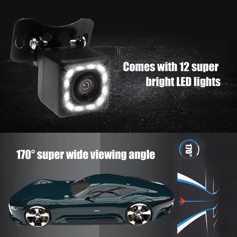 QUICTO Car Backup Camera, Waterproof Ultra HD 12 LED Night Vision Rear View Camera, 170° Wide View Angle Long License Plate Frame Camera, Universal Cars, SUV, Trucks, RV