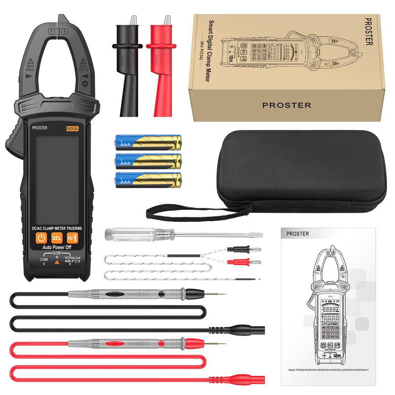 Proster Digital Clamp Meter - 600A DC AC Current 600V AC DC Voltage NCV Continuity Capacitance Resistance Frequency Diode Hz Test